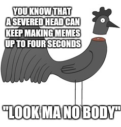 YOU KNOW THAT A SEVERED HEAD CAN KEEP MAKING MEMES UP TO FOUR SECONDS; "LOOK MA NO BODY" | image tagged in four seconds | made w/ Imgflip meme maker