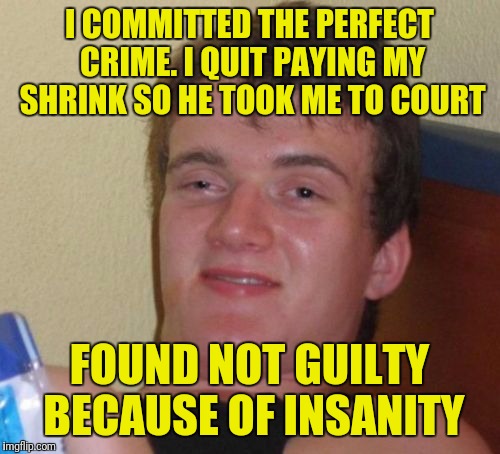 10 Guy Meme | I COMMITTED THE PERFECT CRIME. I QUIT PAYING MY SHRINK SO HE TOOK ME TO COURT; FOUND NOT GUILTY BECAUSE OF INSANITY | image tagged in memes,10 guy | made w/ Imgflip meme maker