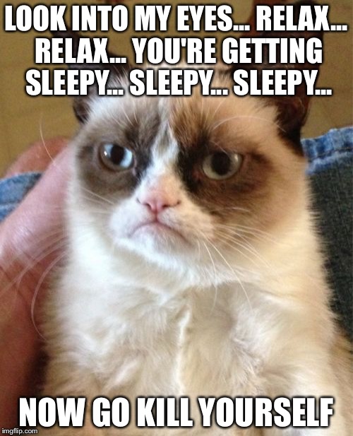 Grumpy Cat Meme |  LOOK INTO MY EYES... RELAX... RELAX... YOU'RE GETTING SLEEPY... SLEEPY... SLEEPY... NOW GO KILL YOURSELF | image tagged in memes,grumpy cat | made w/ Imgflip meme maker