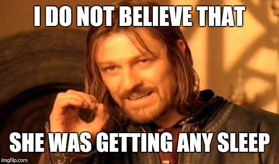 One Does Not Simply Meme | I DO NOT BELIEVE THAT SHE WAS GETTING ANY SLEEP | image tagged in memes,one does not simply | made w/ Imgflip meme maker