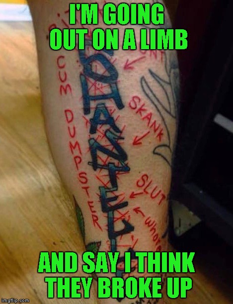 NEVER put names of boy/girlfriends on your body!!! Tattoo Week...A The_Lapsed_Jedi event | I'M GOING OUT ON A LIMB; AND SAY I THINK THEY BROKE UP | image tagged in the breakup,memes,tattoos,tattoo week,funny,bad tattoos | made w/ Imgflip meme maker