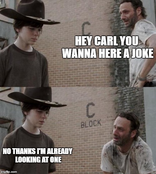Wat a joke | HEY CARL YOU WANNA HERE A JOKE; NO THANKS I'M ALREADY LOOKING AT ONE | image tagged in memes,rick and carl | made w/ Imgflip meme maker