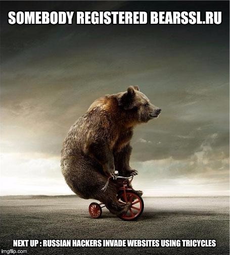 BEARSSL.RU | SOMEBODY REGISTERED BEARSSL.RU; NEXT UP : RUSSIAN HACKERS INVADE WEBSITES USING TRICYCLES | image tagged in bear bicycle,bearssl,russia,domain | made w/ Imgflip meme maker