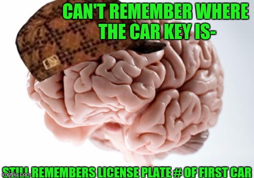 Scumbag Brain | CAN'T REMEMBER WHERE THE CAR KEY IS-; STILL REMEMBERS LICENSE PLATE # OF FIRST CAR | image tagged in memes,scumbag brain | made w/ Imgflip meme maker
