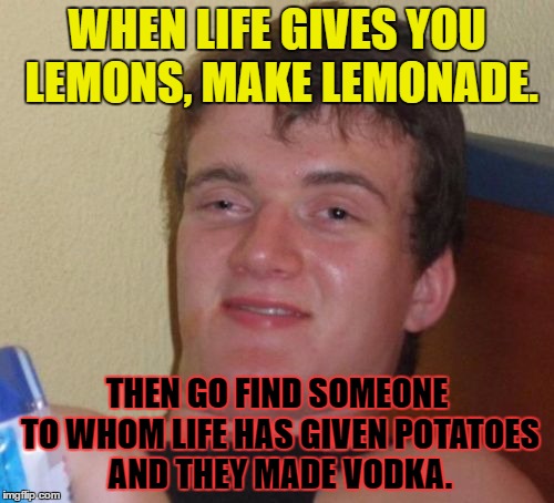 Have a party! | WHEN LIFE GIVES YOU LEMONS, MAKE LEMONADE. THEN GO FIND SOMEONE TO WHOM LIFE HAS GIVEN POTATOES AND THEY MADE VODKA. | image tagged in memes,10 guy,potatoes,lemons,vodka,ron white | made w/ Imgflip meme maker