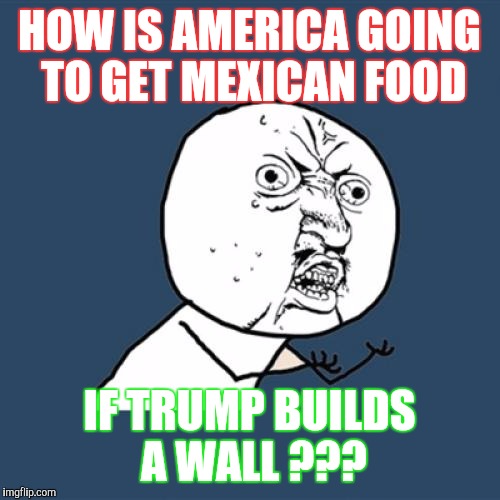 Cut off supply | HOW IS AMERICA GOING TO GET MEXICAN FOOD; IF TRUMP BUILDS A WALL ??? | image tagged in memes,y u no | made w/ Imgflip meme maker