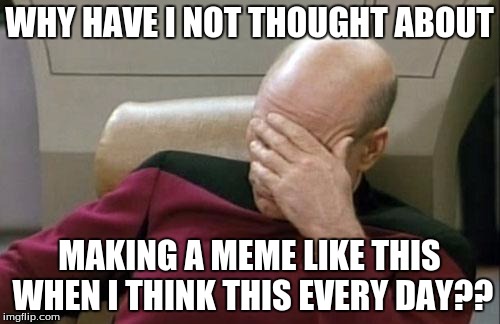 Captain Picard Facepalm Meme | WHY HAVE I NOT THOUGHT ABOUT MAKING A MEME LIKE THIS WHEN I THINK THIS EVERY DAY?? | image tagged in memes,captain picard facepalm | made w/ Imgflip meme maker