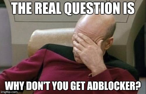 Captain Picard Facepalm Meme | THE REAL QUESTION IS WHY DON'T YOU GET ADBLOCKER? | image tagged in memes,captain picard facepalm | made w/ Imgflip meme maker