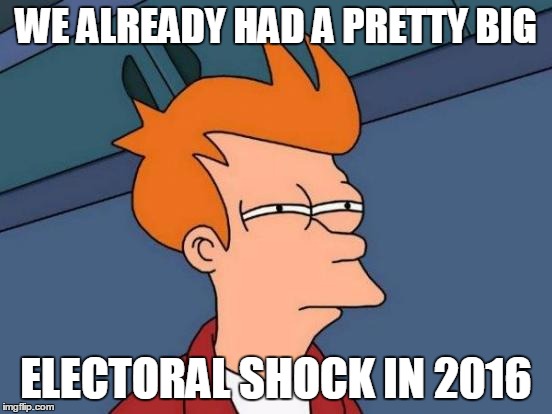 Futurama Fry Meme | WE ALREADY HAD A PRETTY BIG ELECTORAL SHOCK IN 2016 | image tagged in memes,futurama fry | made w/ Imgflip meme maker