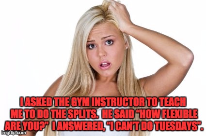 Dumb Blonde | I ASKED THE GYM INSTRUCTOR TO TEACH ME TO DO THE SPLITS.  HE SAID “HOW FLEXIBLE ARE YOU?”  I ANSWERED, “I CAN’T DO TUESDAYS”. | image tagged in dumb blonde | made w/ Imgflip meme maker