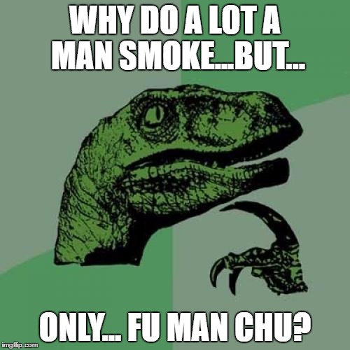 Philosoraptor | WHY DO A LOT A MAN SMOKE...BUT... ONLY... FU MAN CHU? | image tagged in memes,philosoraptor | made w/ Imgflip meme maker