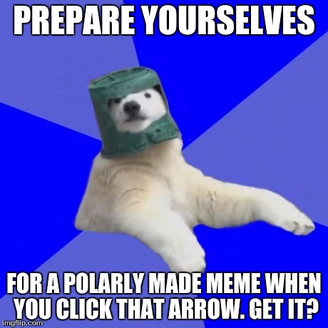 poorly prepared polar bear | PREPARE YOURSELVES; FOR A POLARLY MADE MEME WHEN YOU CLICK THAT ARROW. GET IT? | image tagged in poorly prepared polar bear | made w/ Imgflip meme maker