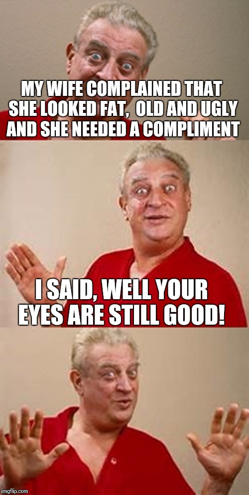 bad pun Dangerfield  | MY WIFE COMPLAINED THAT SHE LOOKED FAT,  OLD AND UGLY AND SHE NEEDED A COMPLIMENT; I SAID, WELL YOUR EYES ARE STILL GOOD! | image tagged in bad pun dangerfield,memes | made w/ Imgflip meme maker