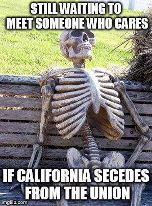 Waiting Skeleton | STILL WAITING TO MEET SOMEONE WHO CARES; IF CALIFORNIA SECEDES FROM THE UNION | image tagged in memes,waiting skeleton | made w/ Imgflip meme maker