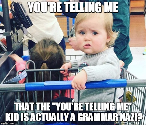 Incredulous Walmart Kid | YOU'RE TELLING ME THAT THE "YOU'RE TELLING ME" KID IS ACTUALLY A GRAMMAR NAZI? | image tagged in incredulous walmart kid | made w/ Imgflip meme maker