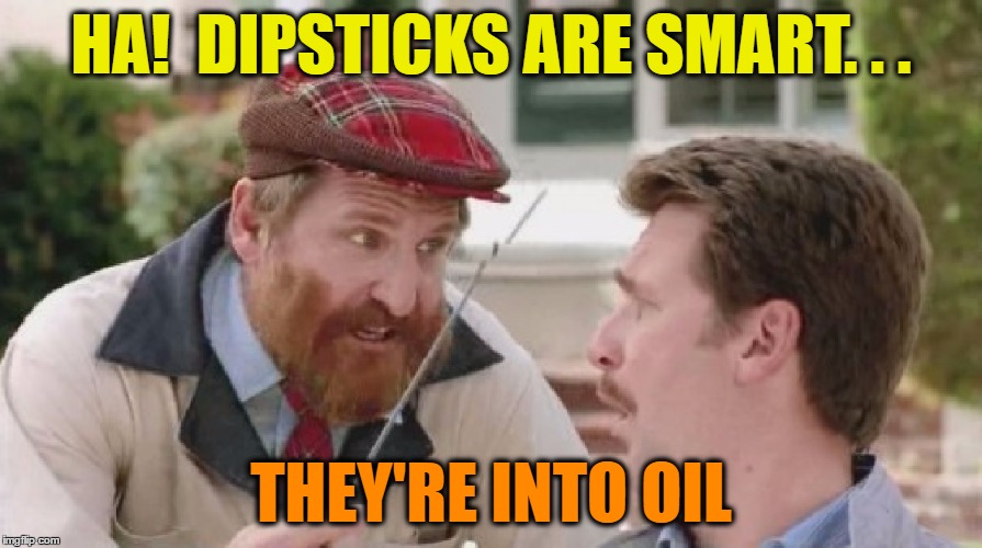 Dipstick Logic | HA!  DIPSTICKS ARE SMART. . . THEY'RE INTO OIL | image tagged in memes,funny,pun,punny,oil,names | made w/ Imgflip meme maker
