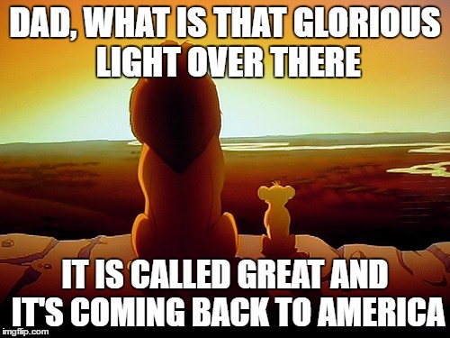 Lion King Meme | DAD, WHAT IS THAT GLORIOUS LIGHT OVER THERE; IT IS CALLED GREAT AND IT'S COMING BACK TO AMERICA | image tagged in memes,lion king | made w/ Imgflip meme maker
