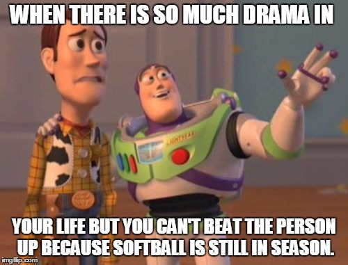 X, X Everywhere | WHEN THERE IS SO MUCH DRAMA IN; YOUR LIFE BUT YOU CAN'T BEAT THE PERSON UP BECAUSE SOFTBALL IS STILL IN SEASON. | image tagged in memes,x x everywhere | made w/ Imgflip meme maker