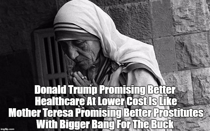 Donald Trump Promising Better Healthcare At Lower Cost Is Like Mother Teresa Promising... | Donald Trump Promising Better Healthcare At Lower Cost Is Like Mother Teresa Promising Better Prostitutes With Bigger Bang For The Buck | image tagged in donald trump and mother teresa,donald trump and obamacare,obamacare,affordable care act,aca,prostitutes | made w/ Imgflip meme maker