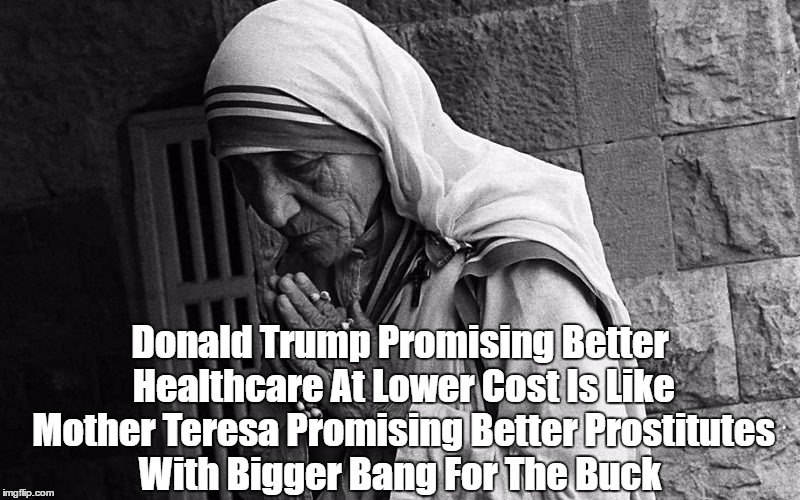 Donald Trump Promising Better Healthcare At Lower Cost Is Like Mother Teresa Promising Better Prostitutes With Bigger Bang For The Buck | made w/ Imgflip meme maker