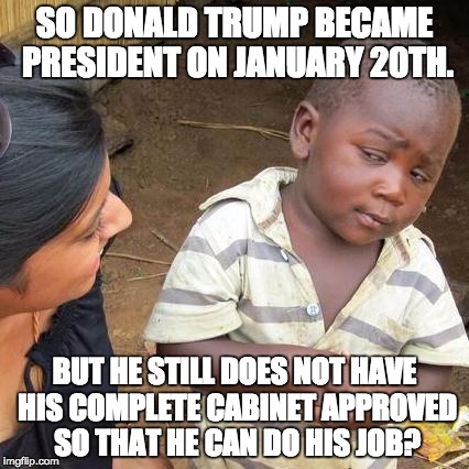 Third World Skeptical Kid Meme | SO DONALD TRUMP BECAME PRESIDENT ON JANUARY 20TH. BUT HE STILL DOES NOT HAVE HIS COMPLETE CABINET APPROVED SO THAT HE CAN DO HIS JOB? | image tagged in memes,third world skeptical kid | made w/ Imgflip meme maker