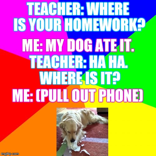 My dog ate my homework | TEACHER: WHERE IS YOUR HOMEWORK? ME: MY DOG ATE IT. TEACHER: HA HA. WHERE IS IT? ME: (PULL OUT PHONE) | image tagged in memes,blank colored background | made w/ Imgflip meme maker