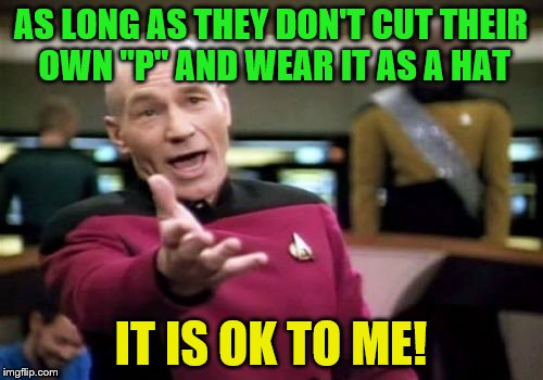 Picard Wtf Meme | AS LONG AS THEY DON'T CUT THEIR OWN "P" AND WEAR IT AS A HAT IT IS OK TO ME! | image tagged in memes,picard wtf | made w/ Imgflip meme maker