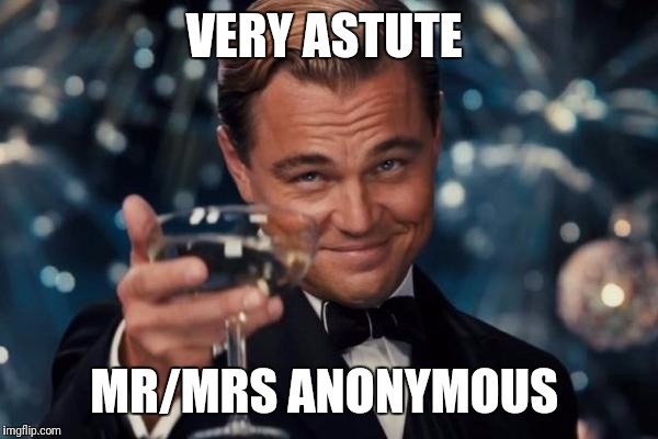 Leonardo Dicaprio Cheers Meme | VERY ASTUTE MR/MRS ANONYMOUS | image tagged in memes,leonardo dicaprio cheers | made w/ Imgflip meme maker