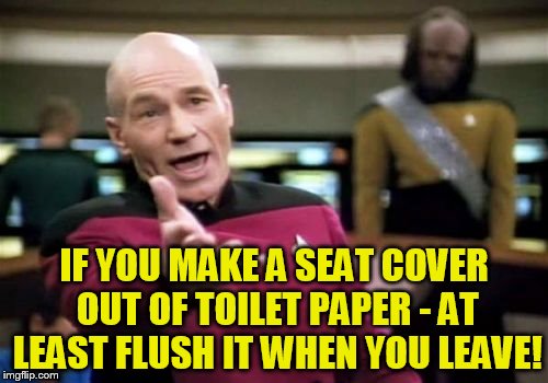 Walked into a stall with T P wrapped around the seat.... grrr | IF YOU MAKE A SEAT COVER OUT OF TOILET PAPER - AT LEAST FLUSH IT WHEN YOU LEAVE! | image tagged in memes,picard wtf | made w/ Imgflip meme maker