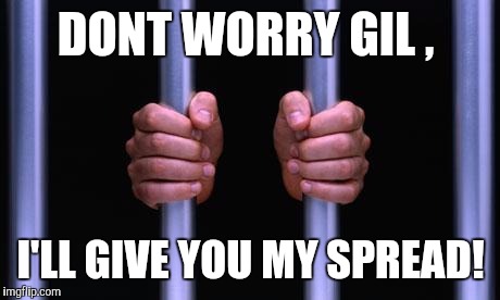 Prison Bars | DONT WORRY GIL , I'LL GIVE YOU MY SPREAD! | image tagged in prison bars | made w/ Imgflip meme maker