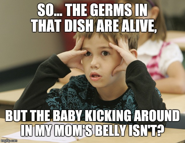 A proper liberal education | SO... THE GERMS IN THAT DISH ARE ALIVE, BUT THE BABY KICKING AROUND IN MY MOM'S BELLY ISN'T? | image tagged in abortion,education | made w/ Imgflip meme maker