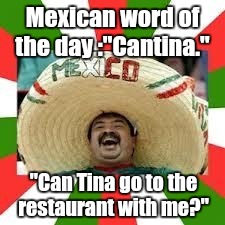 1euwr4.jpg | Mexican word of the day :"Cantina." "Can Tina go to the restaurant with me?" | image tagged in 1euwr4jpg | made w/ Imgflip meme maker