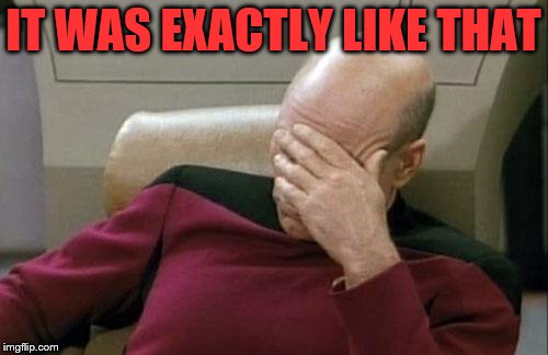Captain Picard Facepalm Meme | IT WAS EXACTLY LIKE THAT | image tagged in memes,captain picard facepalm | made w/ Imgflip meme maker