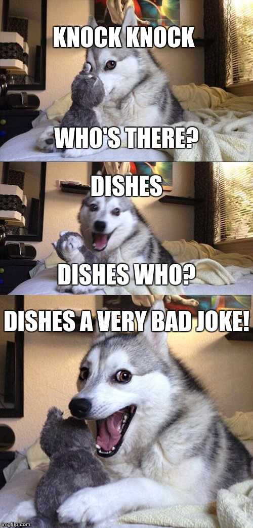 Bad Pun Dog Meme |  KNOCK KNOCK; WHO'S THERE? DISHES; DISHES WHO? DISHES A VERY BAD JOKE! | image tagged in memes,bad pun dog | made w/ Imgflip meme maker