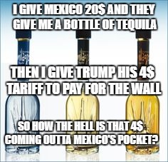 mexido tariff | I GIVE MEXICO 20$ AND THEY GIVE ME A BOTTLE OF TEQUILA; THEN I GIVE TRUMP HIS 4$ TARIFF TO PAY FOR THE WALL; SO HOW THE HELL IS THAT 4$ COMING OUTTA MEXICO'S POCKET? | image tagged in mexico tariff,tariff,trump,mexico | made w/ Imgflip meme maker