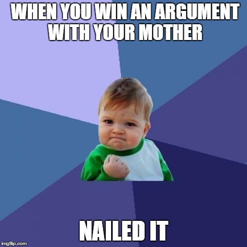 Success Kid | WHEN YOU WIN AN ARGUMENT WITH YOUR MOTHER; NAILED IT | image tagged in memes,success kid | made w/ Imgflip meme maker