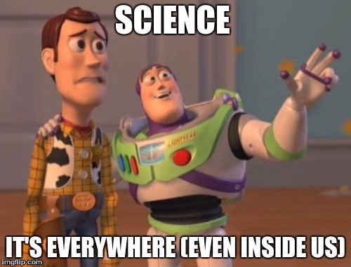 the truth about science | SCIENCE; IT'S EVERYWHERE (EVEN INSIDE US) | image tagged in memes,x x everywhere | made w/ Imgflip meme maker