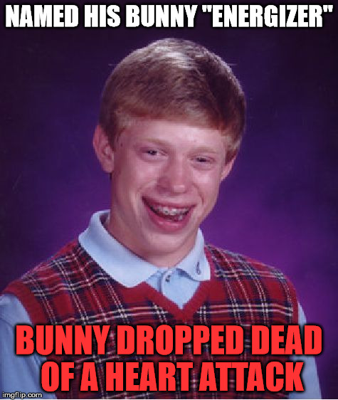Black Thumb Brian | NAMED HIS BUNNY "ENERGIZER"; BUNNY DROPPED DEAD OF A HEART ATTACK | image tagged in memes,bad luck brian | made w/ Imgflip meme maker