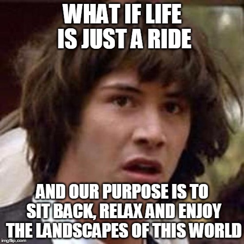 A beautiful ride. | WHAT IF LIFE IS JUST A RIDE; AND OUR PURPOSE IS TO SIT BACK, RELAX AND ENJOY THE LANDSCAPES OF THIS WORLD | image tagged in memes,conspiracy keanu | made w/ Imgflip meme maker