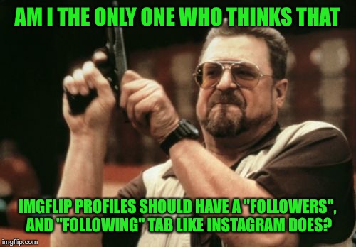 I was thinking... | AM I THE ONLY ONE WHO THINKS THAT; IMGFLIP PROFILES SHOULD HAVE A "FOLLOWERS", AND "FOLLOWING" TAB LIKE INSTAGRAM DOES? | image tagged in memes,am i the only one around here | made w/ Imgflip meme maker