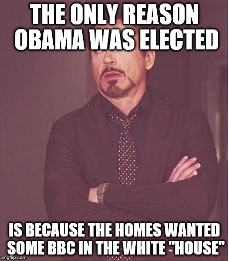 Obama is Gay (HOMOs, not homes) | THE ONLY REASON OBAMA WAS ELECTED IS BECAUSE THE HOMES WANTED SOME BBC IN THE WHITE "HOUSE" | image tagged in memes,face you make robert downey jr,gay,obama | made w/ Imgflip meme maker