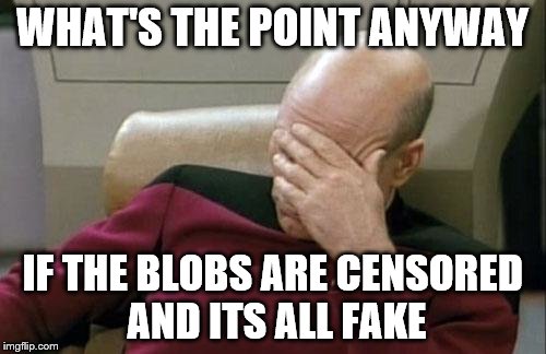 WHAT'S THE POINT ANYWAY IF THE BLOBS ARE CENSORED AND ITS ALL FAKE | image tagged in memes,captain picard facepalm | made w/ Imgflip meme maker