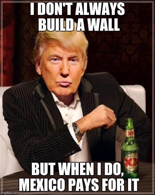 Trump Most Interesting Man In The World |  I DON'T ALWAYS BUILD A WALL; BUT WHEN I DO, MEXICO PAYS FOR IT | image tagged in trump most interesting man in the world | made w/ Imgflip meme maker