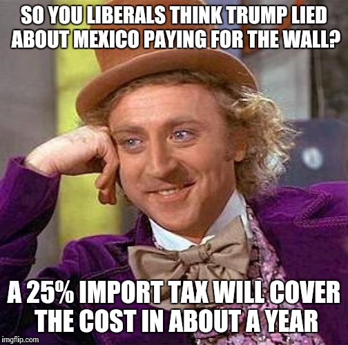 You libtards thought you had him! Hahaha | SO YOU LIBERALS THINK TRUMP LIED ABOUT MEXICO PAYING FOR THE WALL? A 25% IMPORT TAX WILL COVER THE COST IN ABOUT A YEAR | image tagged in memes,creepy condescending wonka | made w/ Imgflip meme maker