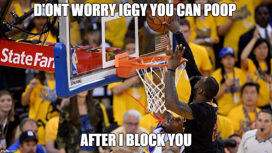 D'ONT WORRY IGGY YOU CAN POOP; AFTER I BLOCK YOU | image tagged in lebron-iggy-block | made w/ Imgflip meme maker