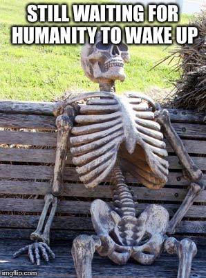 Waiting Skeleton | STILL WAITING FOR HUMANITY TO WAKE UP | image tagged in memes,waiting skeleton | made w/ Imgflip meme maker