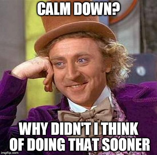 Creepy Condescending Wonka Meme | CALM DOWN? WHY DIDN'T I THINK OF DOING THAT SOONER | image tagged in memes,creepy condescending wonka | made w/ Imgflip meme maker