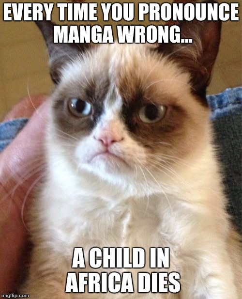 Grumpy Cat Meme | EVERY TIME YOU PRONOUNCE MANGA WRONG... A CHILD IN AFRICA DIES | image tagged in memes,grumpy cat | made w/ Imgflip meme maker