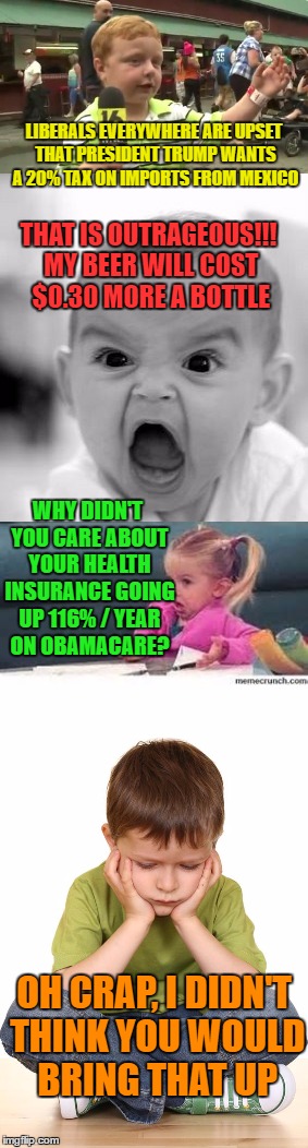 Liberal Logic | LIBERALS EVERYWHERE ARE UPSET THAT PRESIDENT TRUMP WANTS A 20% TAX ON IMPORTS FROM MEXICO; THAT IS OUTRAGEOUS!!! MY BEER WILL COST $0.30 MORE A BOTTLE; WHY DIDN'T YOU CARE ABOUT YOUR HEALTH INSURANCE GOING UP 116% / YEAR ON OBAMACARE? OH CRAP, I DIDN'T THINK YOU WOULD BRING THAT UP | image tagged in liberal logic | made w/ Imgflip meme maker