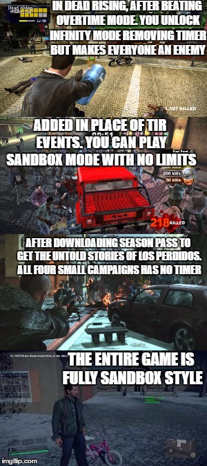 IN DEAD RISING, AFTER BEATING OVERTIME MODE. YOU UNLOCK INFINITY MODE REMOVING TIMER BUT MAKES EVERYONE AN ENEMY; ADDED IN PLACE OF TIR EVENTS. YOU CAN PLAY SANDBOX MODE WITH NO LIMITS; AFTER DOWNLOADING SEASON PASS TO GET THE UNTOLD STORIES OF LOS PERDIDOS. ALL FOUR SMALL CAMPAIGNS HAS NO TIMER; THE ENTIRE GAME IS FULLY SANDBOX STYLE | image tagged in capcom,dead | made w/ Imgflip meme maker